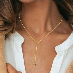 NEW! 18K Gold Plated CZ Cubic Zirconia Cross Lariat Twisted Necklace
